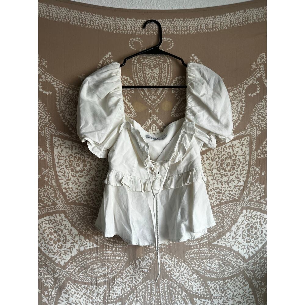 White Puff Sleeve Peasant Blouse with Ruffle Detail